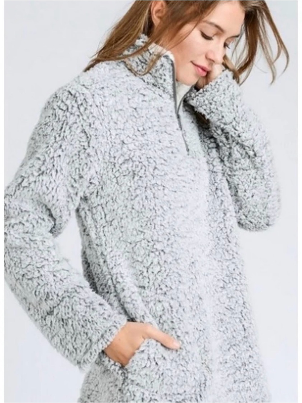 0236 Sherpa eyelash Light Gray Sherpa Half-Zip Pullover
